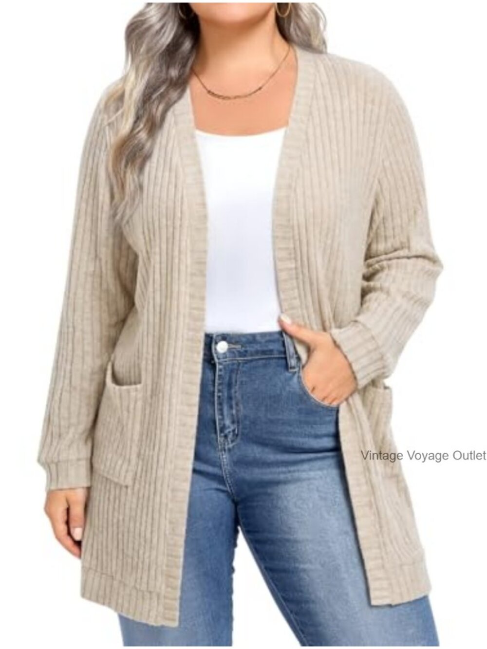 Womens Plus Size Oversized Open Front Rib Knit Cardigan Sweater with Pockets